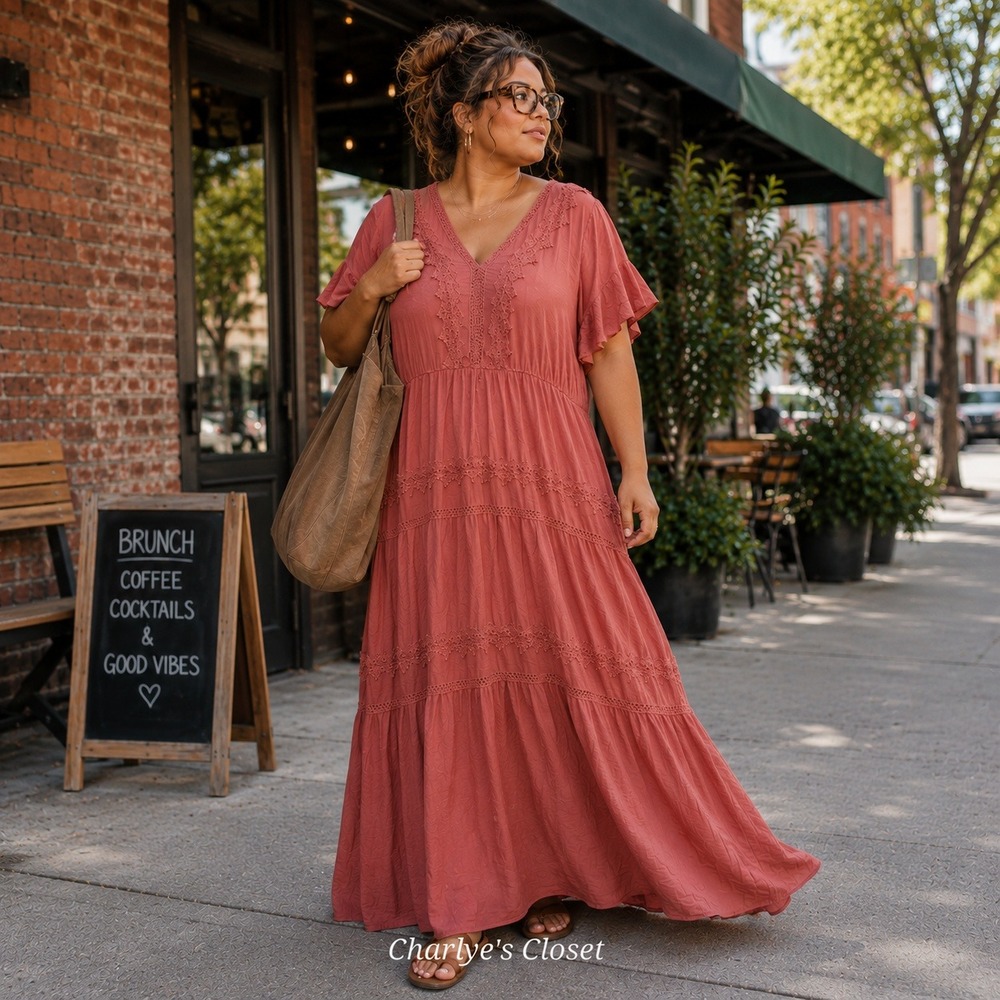 Flowy Tiered Boho Prairie Maxi Dress 28 Salmon Pink Lace Easy Coquette Summer